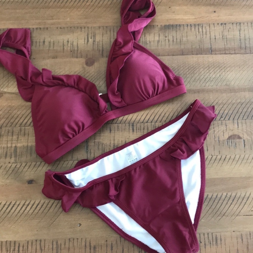 Ruffled Merlot Plunge V-Neck Bikini - Picture 6 of 13
